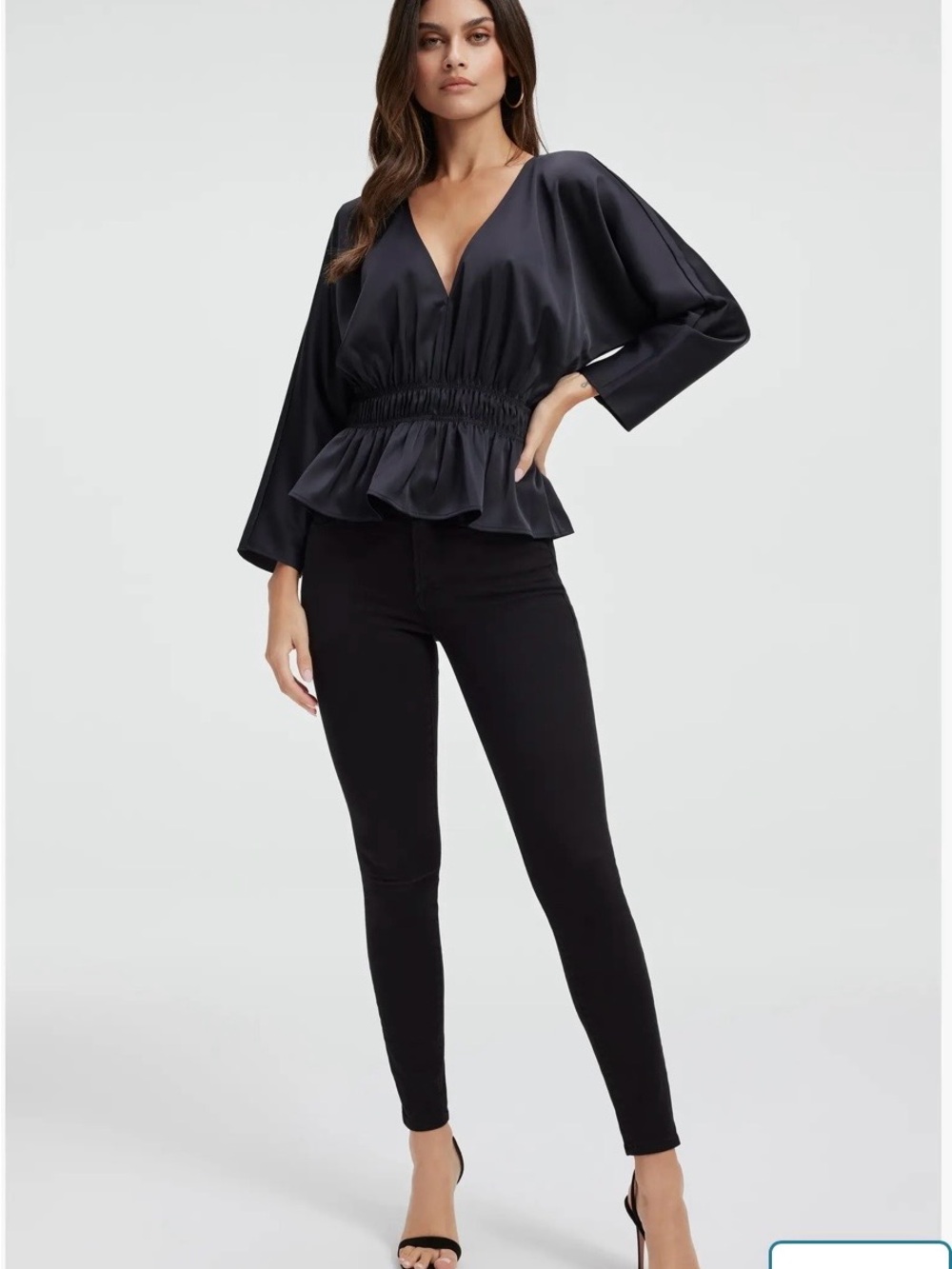 NWT! Good American Black Deep-V Neck- SZ 1=Small- Dolman Sleeve Satin Top Blouse - Picture 4 of 13